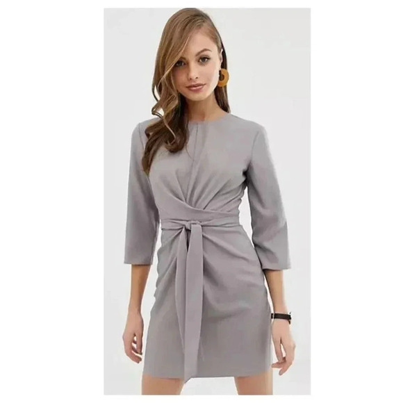 ASOS DESIGN Tie Wrap Around Mini Dress Size 8 Taupe 3/4 Sleeve Back Zip - Picture 1 of 11